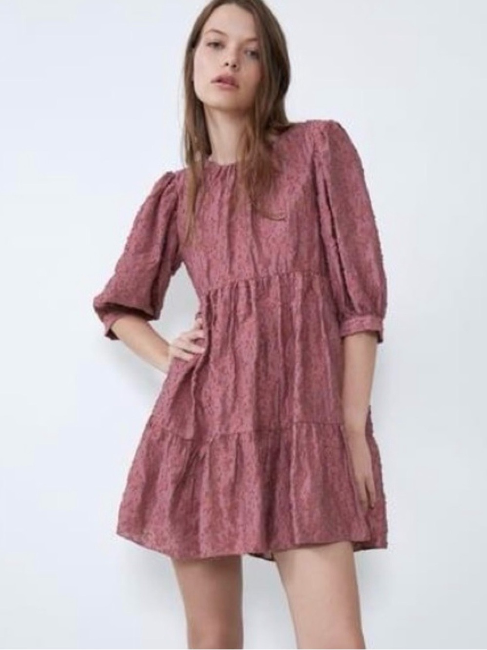 Zara Pink Babydoll Dress Tiered‎ Puffed Sleeves Textured Print side Pocket Sz XL